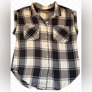 Jachs Girlfriend Sleeveless Plaid Button Down Rayon Shirt Black Gray White Sz S